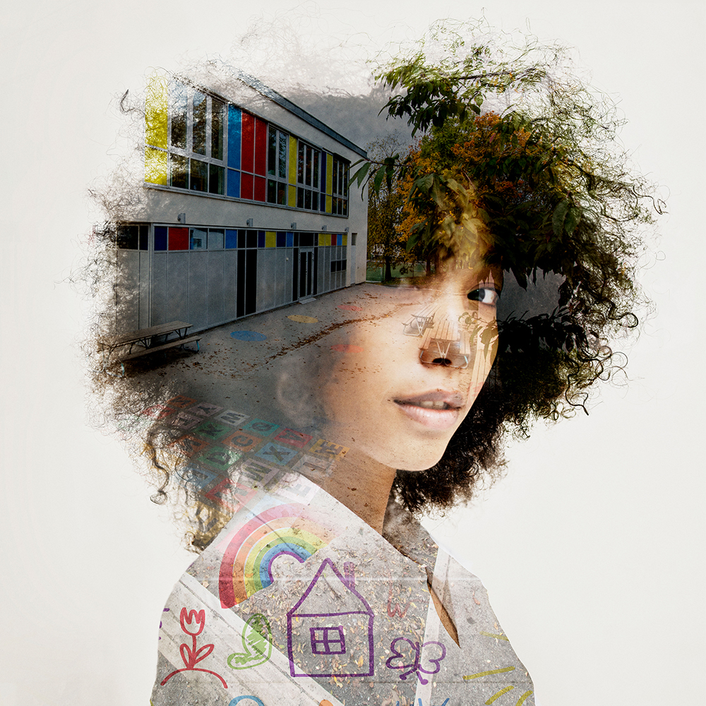 Barnehagebilde - ansatt med barnehage i kontur 