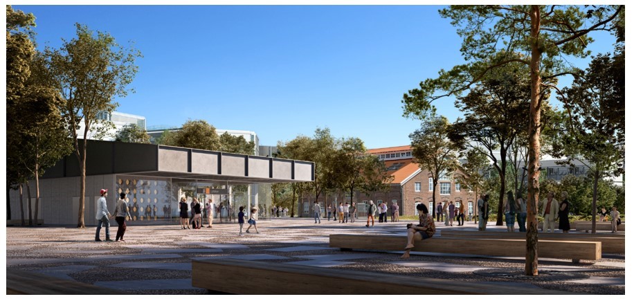 Illustrasjon, stasjonsadkomsten og torget med beplantning og møblering