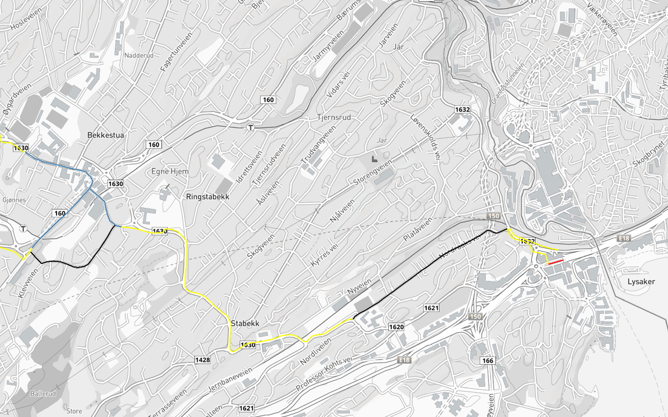 Sykkelkart: Bekkestua T-banestasjon til Lysaker stasjon