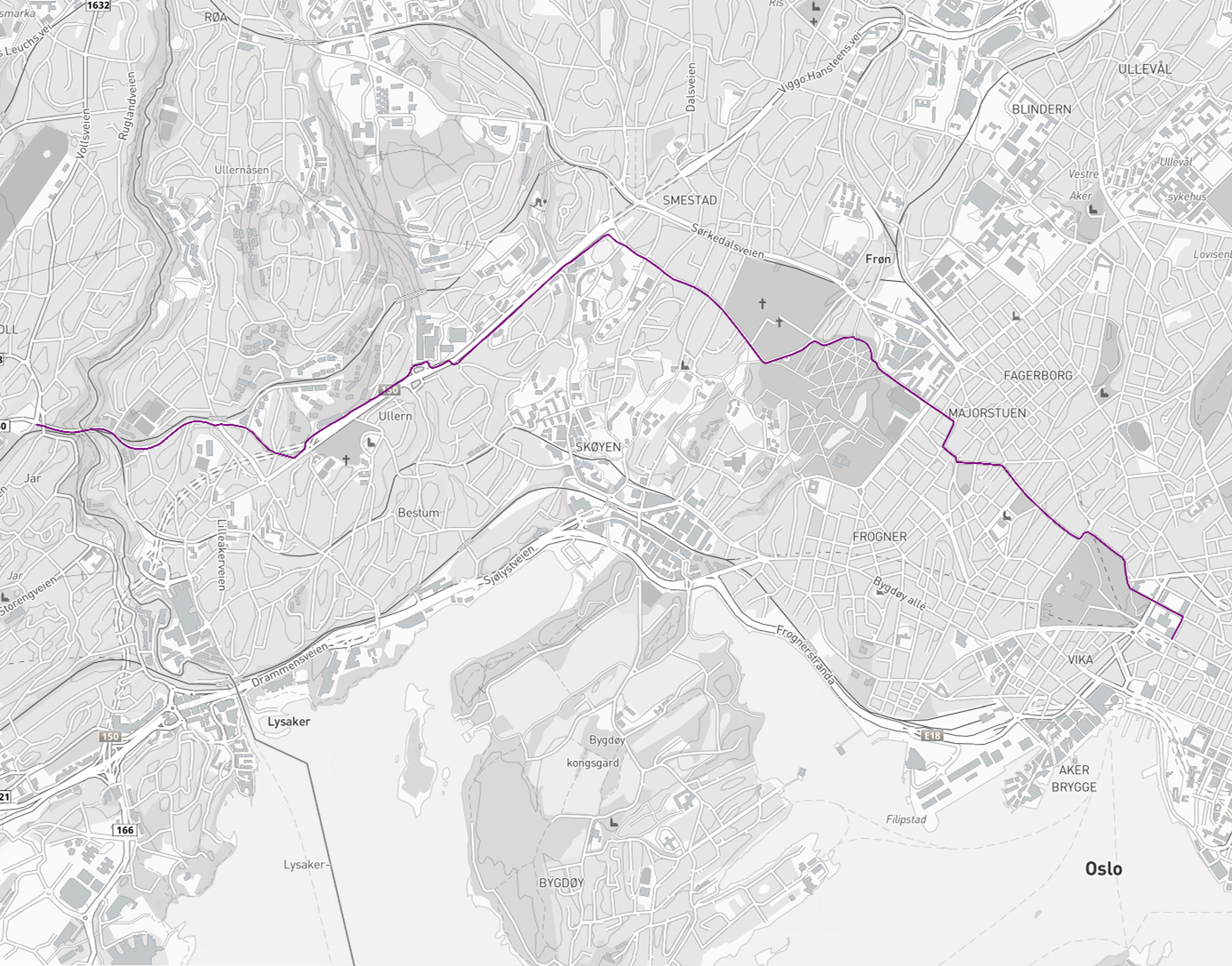 Sykkelkart: Fra Jar T til Majorstua (21 minutter)